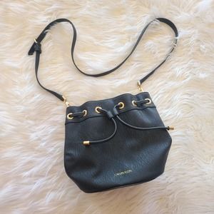 Calvin Klein Black Gold Bucket Bag Crossbody Drawstring Purse Pebbled Grommet
